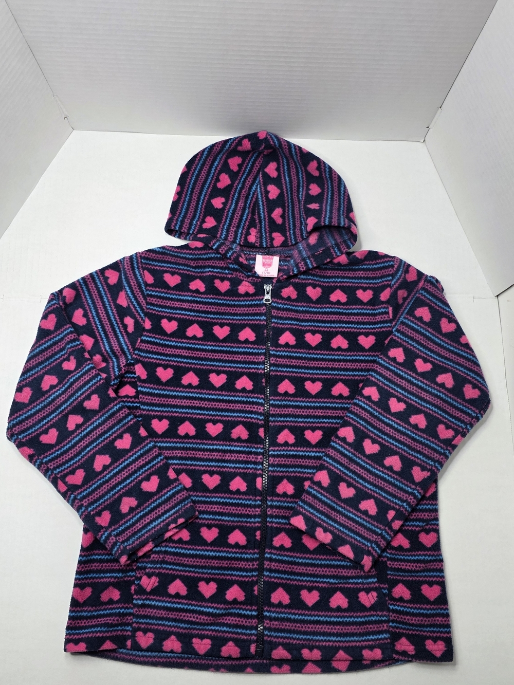 Girls Navy and Pink Heart-Print Hooded Zip-Up Sweatshirt
